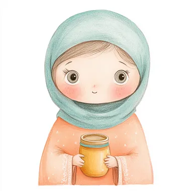 Joanna, gentle expression, soft peach robe, light blue head covering, holding a small jar isolated on a white background, watercolor and colored pencil style, childrens book, Scandinavian style  rofile ttyjyvr