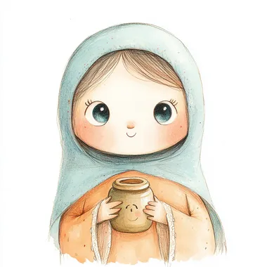 Joanna, gentle expression, soft peach robe, light blue head covering, holding a small jar isolated on a white background, watercolor and colored pencil style, childrens book, Scandinavian style  rofile ttyjyvr