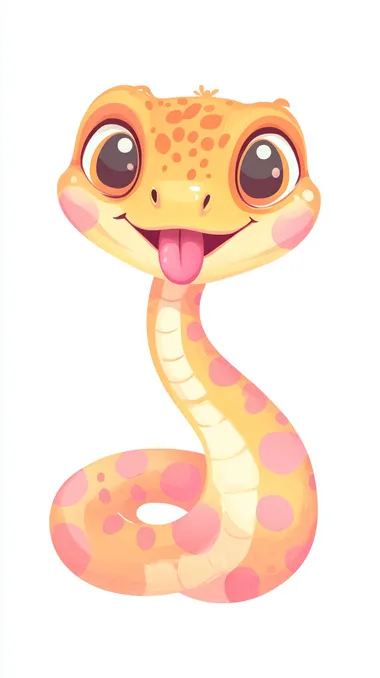 A cute cartoon snake, smiling and winking with its tongue out of its mouth, wearing colorful with pink polka dots, is a vector flat icon illustration in the style of a clipart on a white background