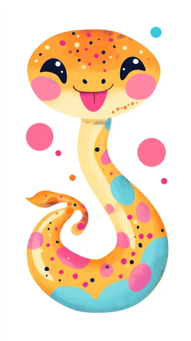 A cute cartoon snake, smiling and winking with its tongue out of its mouth, wearing colorful with pink polka dots, is a vector flat icon illustration in the style of a clipart on a white background
