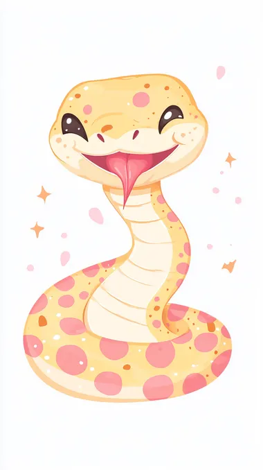 A cute cartoon snake, smiling and winking with its tongue out of its mouth, wearing colorful with pink polka dots, is a vector flat icon illustration in the style of a clipart on a white background