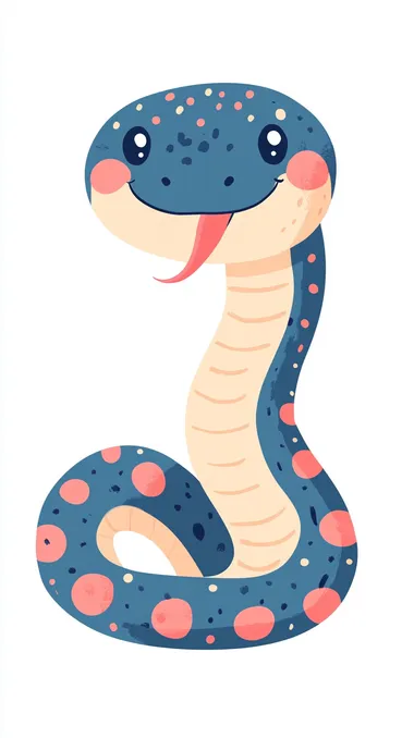 A cute cartoon snake, smiling and winking with its tongue out of its mouth, wearing colorful with pink polka dots, is a vector flat icon illustration in the style of a clipart on a white background
