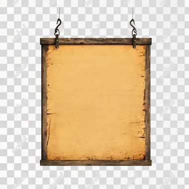 An antique, vintage-style rectangular signboard with a warm, aged wooden frame. The sign features a faded, golden-yellow background with slightly worn edges, giving it a rustic and historical look. The frame is adorned with subtle carved details, and it hangs by two old, weathered iron hooks attached to a dark leather strap. The lighting highlights the imperfections and texture, evoking a nostalgic and timeless aesthetic. The background is neutral or softly blurred to emphasize the aged beauty of the sign.  f4ilzxc