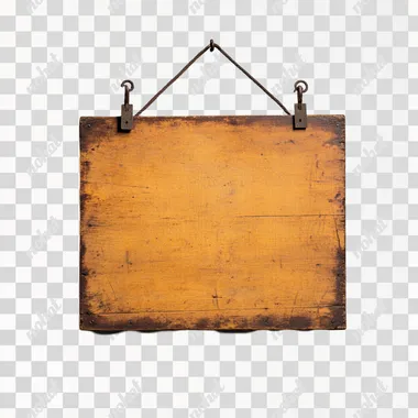 An antique, vintage-style rectangular signboard with a warm, aged wooden frame. The sign features a faded, golden-yellow background with slightly worn edges, giving it a rustic and historical look. The frame is adorned with subtle carved details, and it hangs by two old, weathered iron hooks attached to a dark leather strap. The lighting highlights the imperfections and texture, evoking a nostalgic and timeless aesthetic. The background is neutral or softly blurred to emphasize the aged beauty of the sign.  f4ilzxc