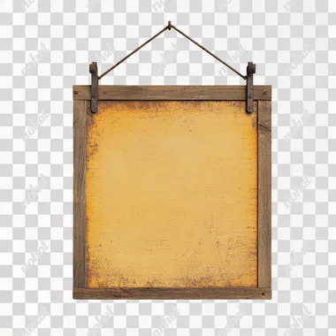 An antique, vintage-style rectangular signboard with a warm, aged wooden frame. The sign features a faded, golden-yellow background with slightly worn edges, giving it a rustic and historical look. The frame is adorned with subtle carved details, and it hangs by two old, weathered iron hooks attached to a dark leather strap. The lighting highlights the imperfections and texture, evoking a nostalgic and timeless aesthetic. The background is neutral or softly blurred to emphasize the aged beauty of the sign.  f4ilzxc