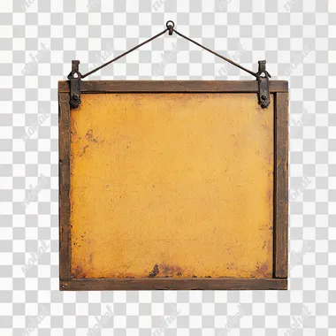 An antique, vintage-style rectangular signboard with a warm, aged wooden frame. The sign features a faded, golden-yellow background with slightly worn edges, giving it a rustic and historical look. The frame is adorned with subtle carved details, and it hangs by two old, weathered iron hooks attached to a dark leather strap. The lighting highlights the imperfections and texture, evoking a nostalgic and timeless aesthetic. The background is neutral or softly blurred to emphasize the aged beauty of the sign.  f4ilzxc