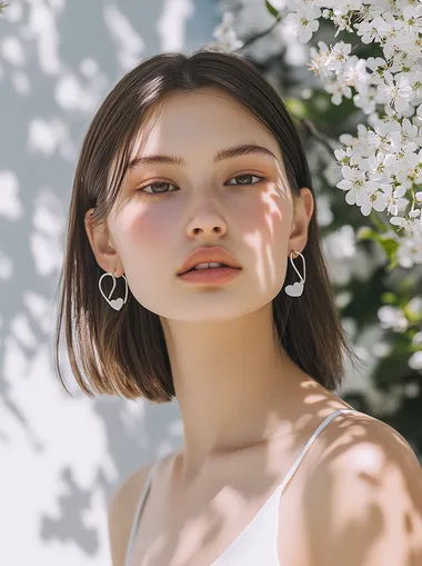 Hoop earrings, white heart-shaped earrings, minimalist style, simple and elegant. The model is wearing the earrings on her left side with shoulder-length hair. She has a fair skin tone and wears an off-white dress. Simple Easter Background. Captured by a professional photographer using a Canon EOS R5 camera with an RF60 lens for sharp focus and clear details. High-resolution photography .soft pastel color palette, minimalist background with scattered Easter eggs and spring blossoms, soft diffused lighting, clean composition
