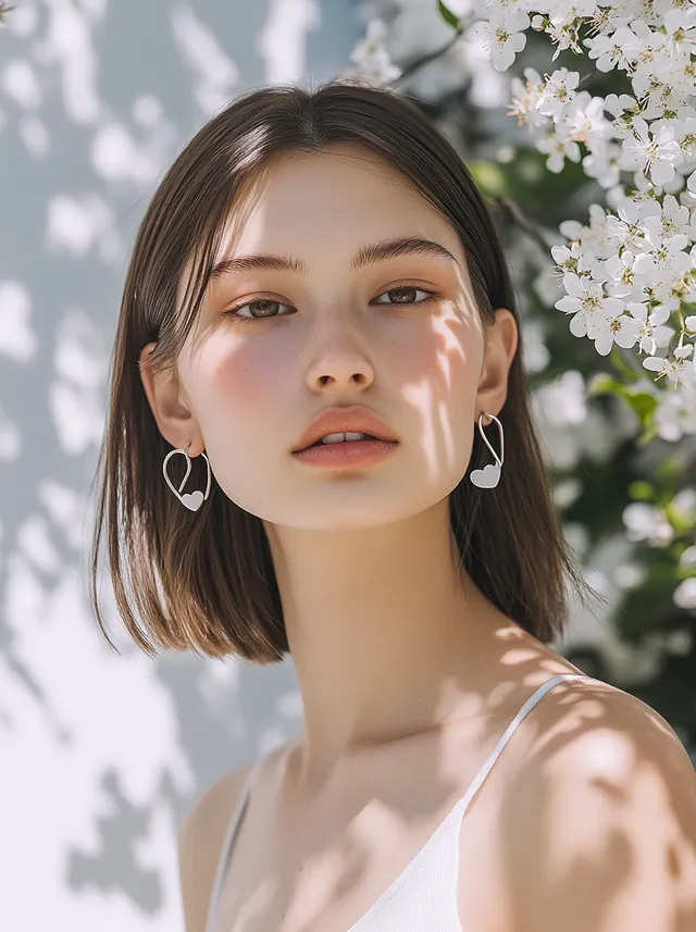 Woman in Off-White Dress with Hoop Earrings by a Flowering Tree