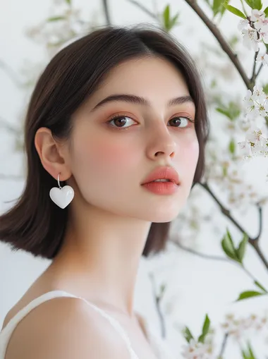 Hoop earrings, white heart-shaped earrings, minimalist style, simple and elegant. The model is wearing the earrings on her left side with shoulder-length hair. She has a fair skin tone and wears an off-white dress. Simple Easter Background. Captured by a professional photographer using a Canon EOS R5 camera with an RF60 lens for sharp focus and clear details. High-resolution photography .soft pastel color palette, minimalist background with scattered Easter eggs and spring blossoms, soft diffused lighting, clean composition