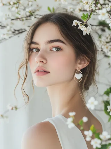 Hoop earrings, white heart-shaped earrings, minimalist style, simple and elegant. The model is wearing the earrings on her left side with shoulder-length hair. She has a fair skin tone and wears an off-white dress. Simple Easter Background. Captured by a professional photographer using a Canon EOS R5 camera with an RF60 lens for sharp focus and clear details. High-resolution photography .soft pastel color palette, minimalist background with scattered Easter eggs and spring blossoms, soft diffused lighting, clean composition