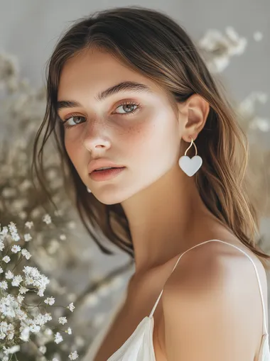 Hoop earrings, white heart-shaped earrings, minimalist style, simple and elegant. The model is wearing the earrings on her left side with shoulder-length hair. She has a fair skin tone and wears an off-white dress. Simple Easter Background. Captured by a professional photographer using a Canon EOS R5 camera with an RF60 lens for sharp focus and clear details. High-resolution photography .soft pastel color palette, minimalist background with scattered Easter eggs and spring blossoms, soft diffused lighting, clean composition