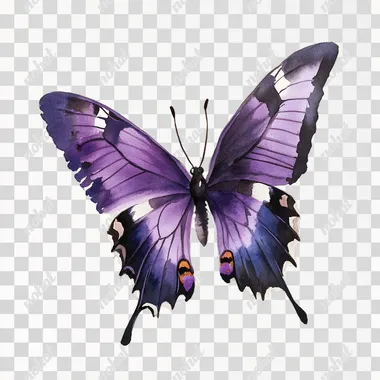 a watercolor painting of a purple butterfly solid white background
