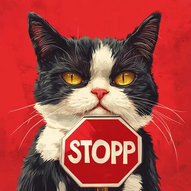 illustration of a serious cats with a stop sign, red background