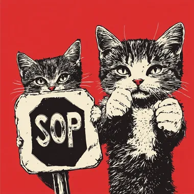 illustration of a serious cats with a stop sign, red background