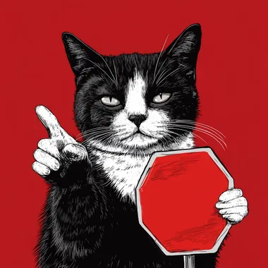 illustration of a serious cats with a stop sign, red background