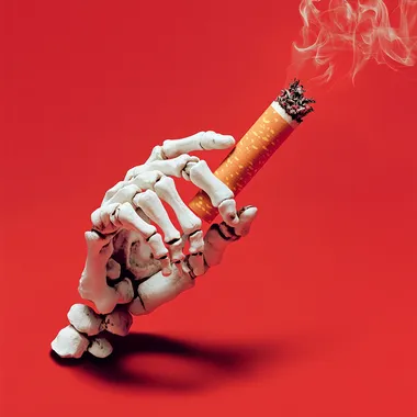 A cigarette with the end being pulled out by a skeleton hand, against a solid red background, in the style of product photography.