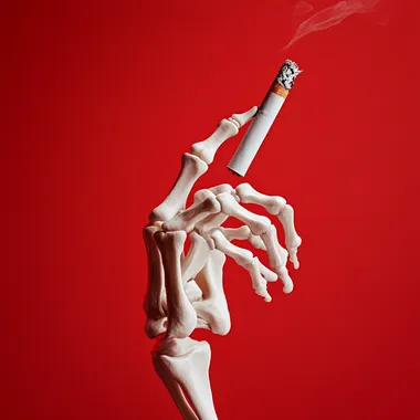 A cigarette with the end being pulled out by a skeleton hand, against a solid red background, in the style of product photography.