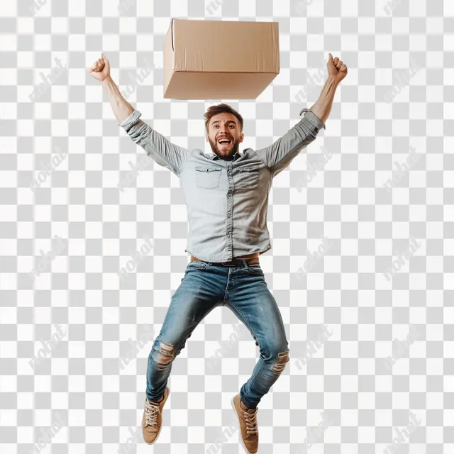 a man jumping in the air with a box on his head