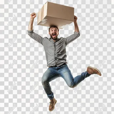 Isolated on white background: A man, 30 years old, without a beard, holds a box in his hands, which he pulls over his head. Full-body shot. He is wearing jeans and a shirt, very casual, and his whole demeanor is positive and dynamic. He is jumping up and down