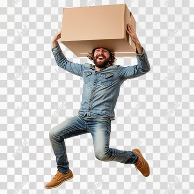 Isolated on white background: A man, 30 years old, without a beard, holds a box in his hands, which he pulls over his head. Full-body shot. He is wearing jeans and a shirt, very casual, and his whole demeanor is positive and dynamic. He is jumping up and down