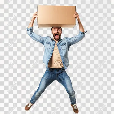 Isolated on white background: A man, 30 years old, without a beard, holds a box in his hands, which he pulls over his head. Full-body shot. He is wearing jeans and a shirt, very casual, and his whole demeanor is positive and dynamic. He is jumping up and down
