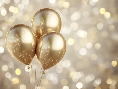shiny gold balloons, white and yellow bokeh on the background, detailed, high quality, atmospheric, volumetric,