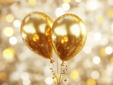 shiny gold balloons, white and yellow bokeh on the background, detailed, high quality, atmospheric, volumetric,