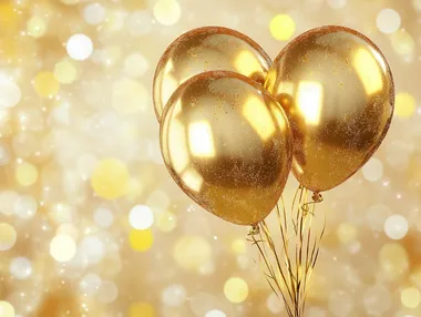 shiny gold balloons, white and yellow bokeh on the background, detailed, high quality, atmospheric, volumetric,