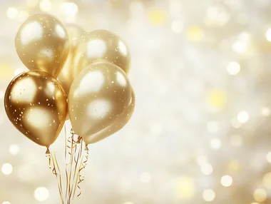 shiny gold balloons, white and yellow bokeh on the background, detailed, high quality, atmospheric, volumetric,