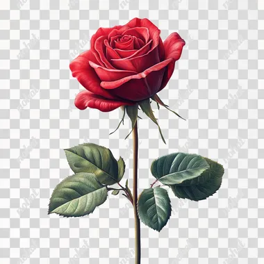 Red rose in full bloom, botanical illustration, vibrant crimson petals, green leaves, rosebud, photorealistic, detailed, white background, studio lighting, high resolution, digital painting, nature art, floral portrait, single stem, Valentine's Day theme, romantic imagery, macro photography style, hyper-realistic, soft shadows --s 250