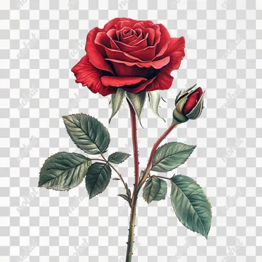 Red rose in full bloom, botanical illustration, vibrant crimson petals, green leaves, rosebud, photorealistic, detailed, white background, studio lighting, high resolution, digital painting, nature art, floral portrait, single stem, Valentine's Day theme, romantic imagery, macro photography style, hyper-realistic, soft shadows --s 250