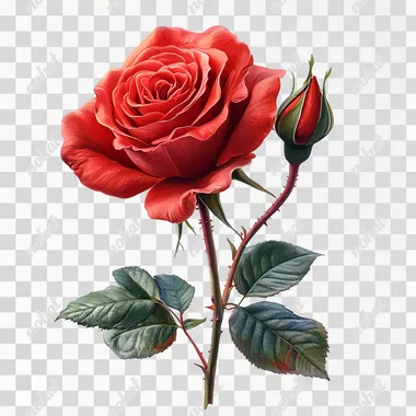 Red rose in full bloom, botanical illustration, vibrant crimson petals, green leaves, rosebud, photorealistic, detailed, white background, studio lighting, high resolution, digital painting, nature art, floral portrait, single stem, Valentine's Day theme, romantic imagery, macro photography style, hyper-realistic, soft shadows --s 250