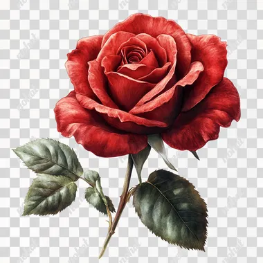 Red rose in full bloom, botanical illustration, vibrant crimson petals, green leaves, rosebud, photorealistic, detailed, white background, studio lighting, high resolution, digital painting, nature art, floral portrait, single stem, Valentine's Day theme, romantic imagery, macro photography style, hyper-realistic, soft shadows --s 250