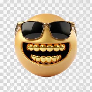 create a 4k image of an iPhone emoji wearing sunglasses and has gold teeth. Optimize for printing. White background.