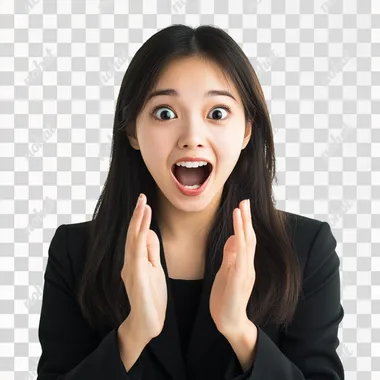 an beautiful asian office girl, shocked and happy, fully white background