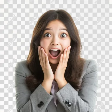 an beautiful asian office girl, shocked and happy, fully white background