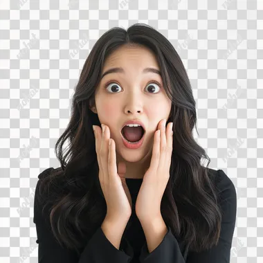 an beautiful asian office girl, shocked and happy, fully white background