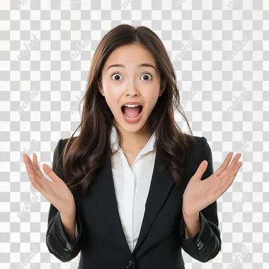 an beautiful asian office girl, shocked and happy, fully white background
