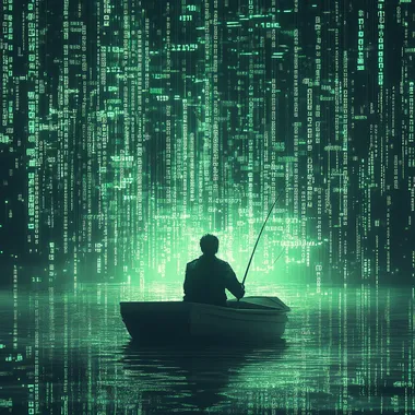 a hacker in a boat on a lake of data. he is facing away so you can only see his silhouette. he is holding a fishing rod. the background is lines of code and binary which is green