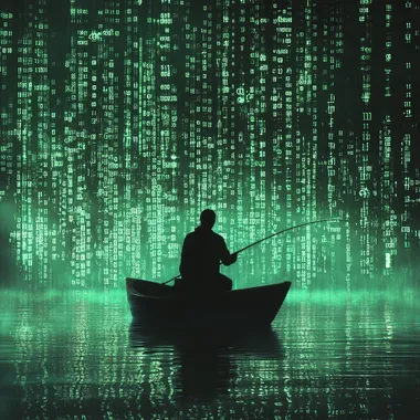 a hacker in a boat on a lake of data. he is facing away so you can only see his silhouette. he is holding a fishing rod. the background is lines of code and binary which is green