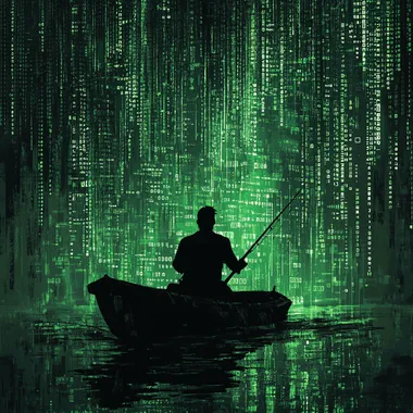 a hacker in a boat on a lake of data. he is facing away so you can only see his silhouette. he is holding a fishing rod. the background is lines of code and binary which is green
