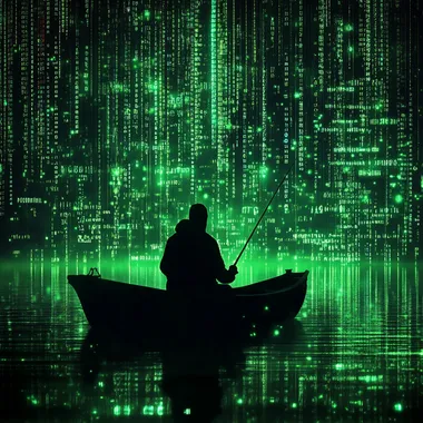 a hacker in a boat on a lake of data. he is facing away so you can only see his silhouette. he is holding a fishing rod. the background is lines of code and binary which is green