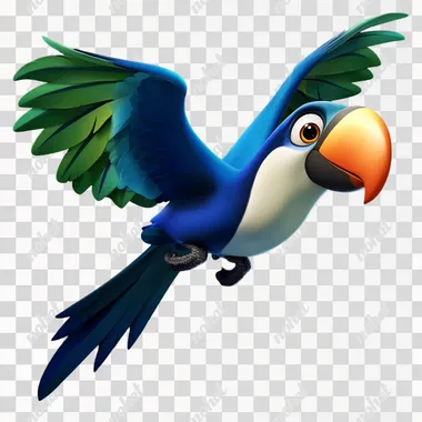 a blue toucan named tucano, white chest and blue and green wings, orange eyelids, flying and looking forward. in the style of Pixar and Disney cartoons