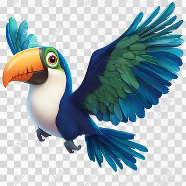 a blue toucan named tucano, white chest and blue and green wings, orange eyelids, flying and looking forward. in the style of Pixar and Disney cartoons