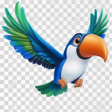a blue toucan named tucano, white chest and blue and green wings, orange eyelids, flying and looking forward. in the style of Pixar and Disney cartoons