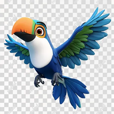 a blue toucan named tucano, white chest and blue and green wings, orange eyelids, flying and looking forward. in the style of Pixar and Disney cartoons
