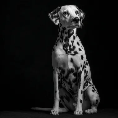 Une photo d'un chien dalmatien assis.Il est dans un studio photo avec un fond noir. Le chien a une attitude elegante, race?Il regard vers l'objectif du photographe.La lumiere est genere par des flash de studi des deux cots de la scne.