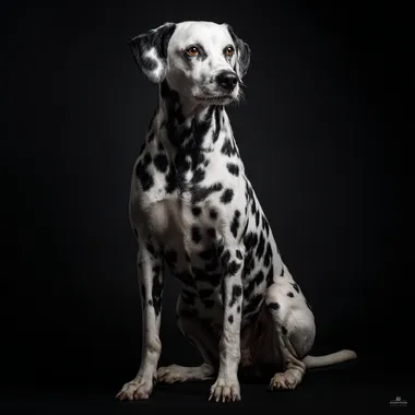 Une photo d'un chien dalmatien assis.Il est dans un studio photo avec un fond noir. Le chien a une attitude elegante, race?Il regard vers l'objectif du photographe.La lumiere est genere par des flash de studi des deux cots de la scne.