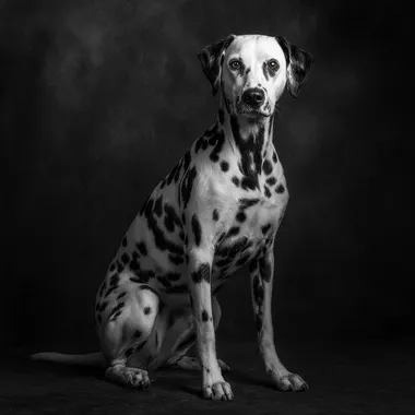Une photo d'un chien dalmatien assis.Il est dans un studio photo avec un fond noir. Le chien a une attitude elegante, race?Il regard vers l'objectif du photographe.La lumiere est genere par des flash de studi des deux cots de la scne.