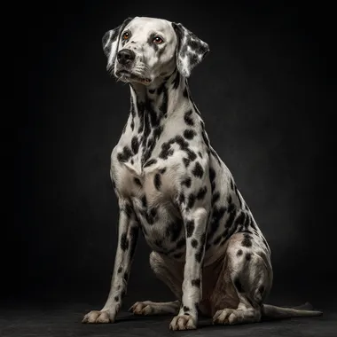 Une photo d'un chien dalmatien assis.Il est dans un studio photo avec un fond noir. Le chien a une attitude elegante, race?Il regard vers l'objectif du photographe.La lumiere est genere par des flash de studi des deux cots de la scne.
